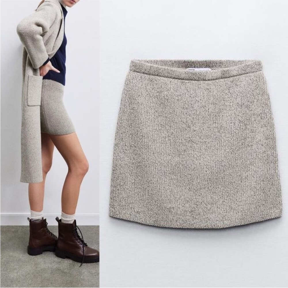 Zara Basic Wool Blend Sweater Knit Mini Skirt Marled Tan Beige Warm